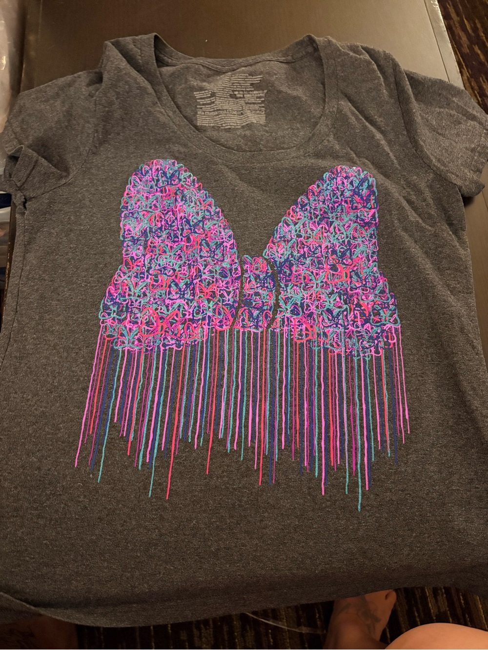 Disney Women's Charcoal Tee with Pink & Blue Fringe Heart Wings